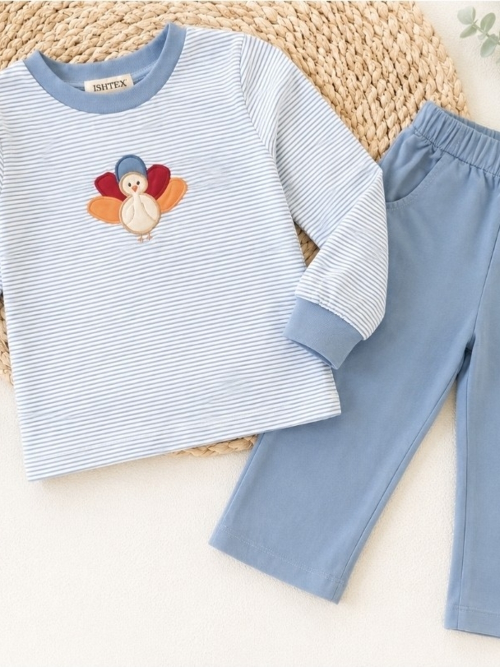 Ishtex Blue Striped Kids Top & Pants Set with Turkey Appliqué